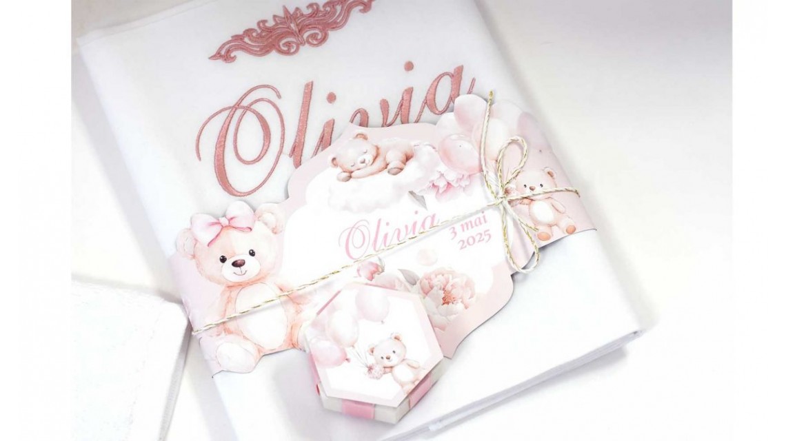 Trusou botez cu ursuleti si flori roz Teddy Bear Baby Girl 16